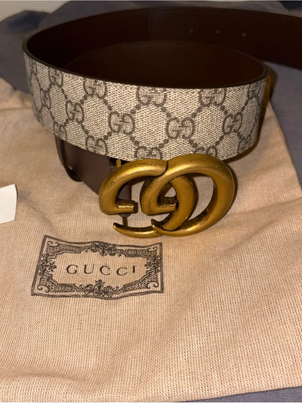 Gucci Beige GG Supreme Canvas Leather Belt with Gold Double G Buckle
